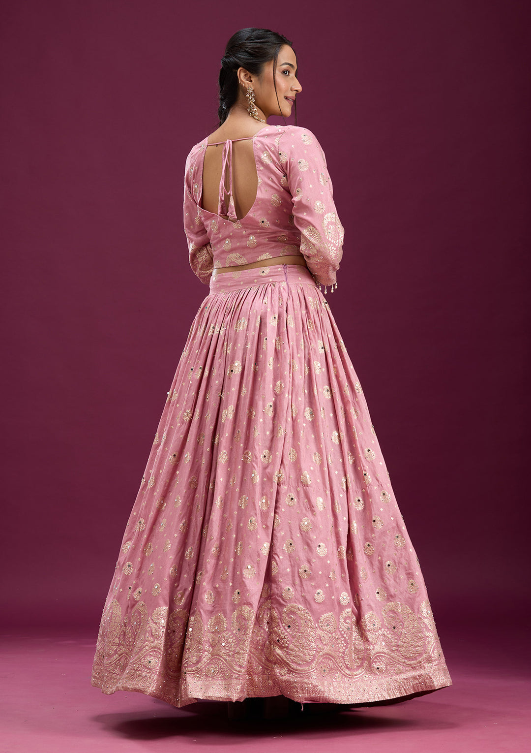 Pink Mirrorwork Soft Raw Silk Readymade Lehenga
