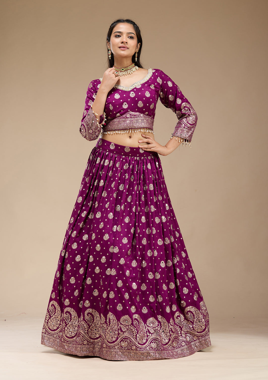 Purple Mirrorwork Soft Raw Silk Readymade Lehenga