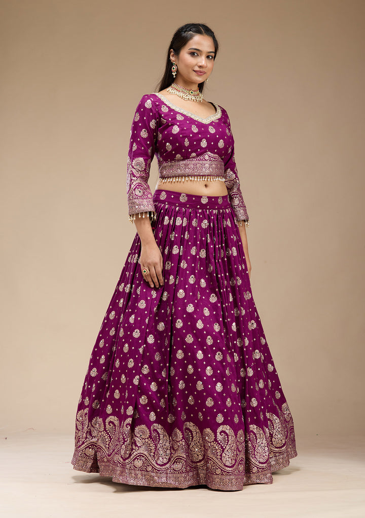 Purple Mirrorwork Soft Raw Silk Readymade Lehenga