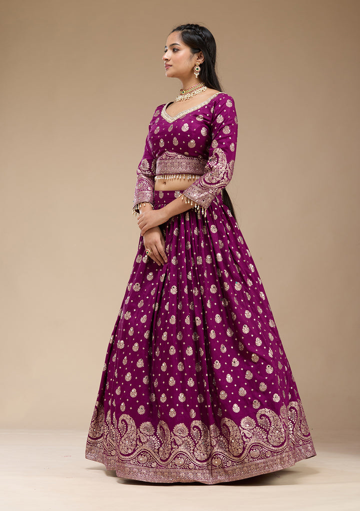 Purple Mirrorwork Soft Raw Silk Readymade Lehenga