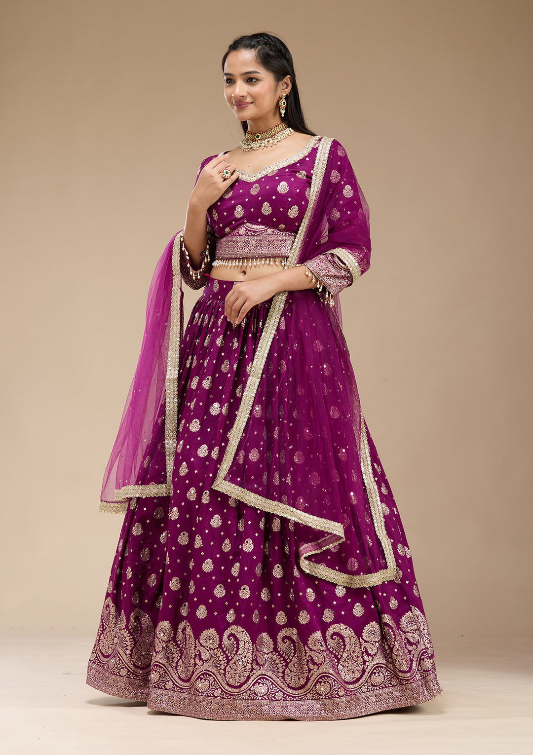 Purple Mirrorwork Soft Raw Silk Readymade Lehenga