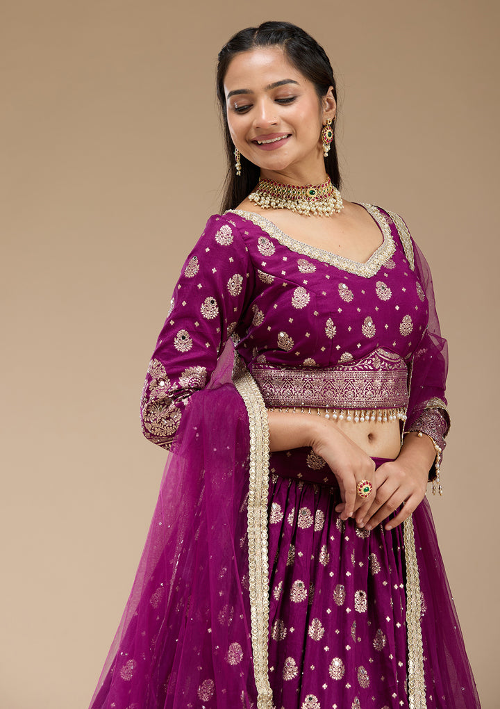 Purple Mirrorwork Soft Raw Silk Readymade Lehenga