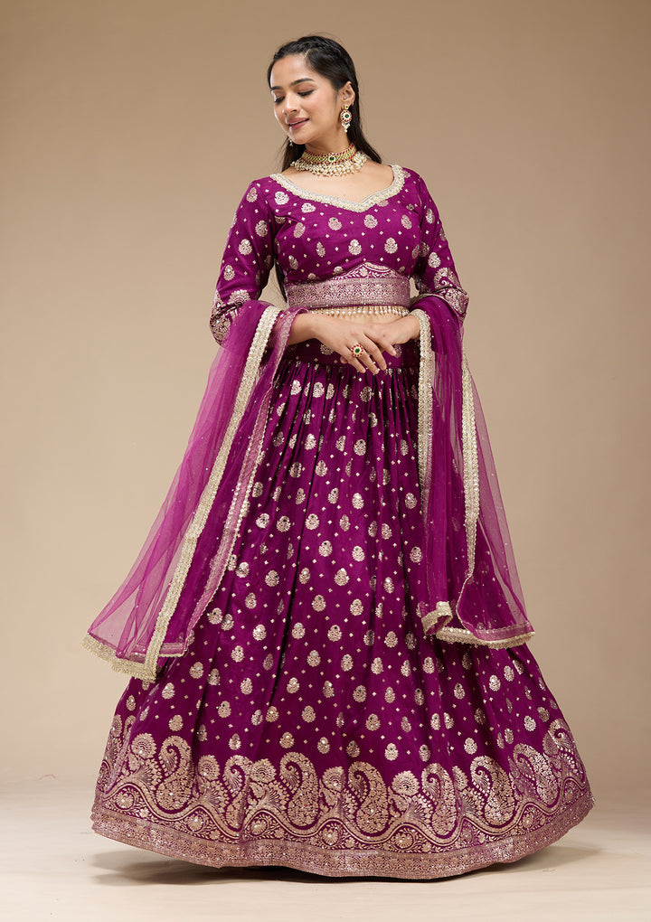 Purple Mirrorwork Soft Raw Silk Readymade Lehenga