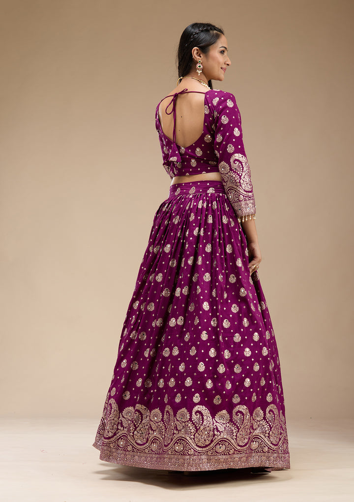 Purple Mirrorwork Soft Raw Silk Readymade Lehenga