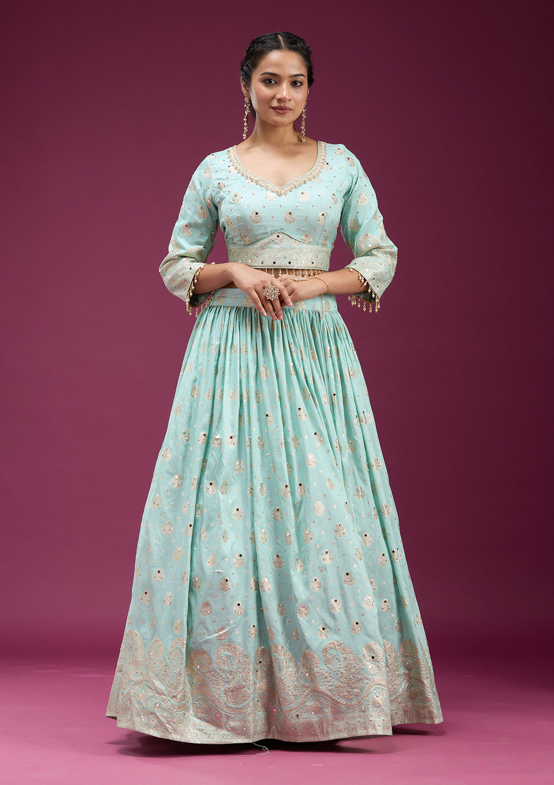 Sky Blue Mirrorwork Soft Raw Silk Readymade Lehenga