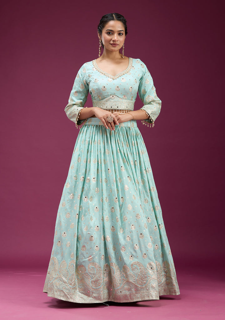 Sky Blue Mirrorwork Soft Raw Silk Readymade Lehenga