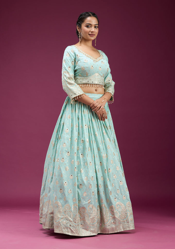 Sky Blue Mirrorwork Soft Raw Silk Readymade Lehenga