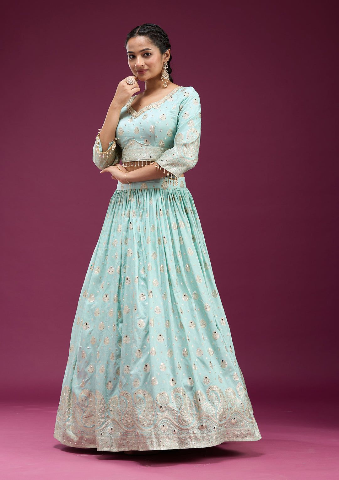 Sky Blue Mirrorwork Soft Raw Silk Readymade Lehenga