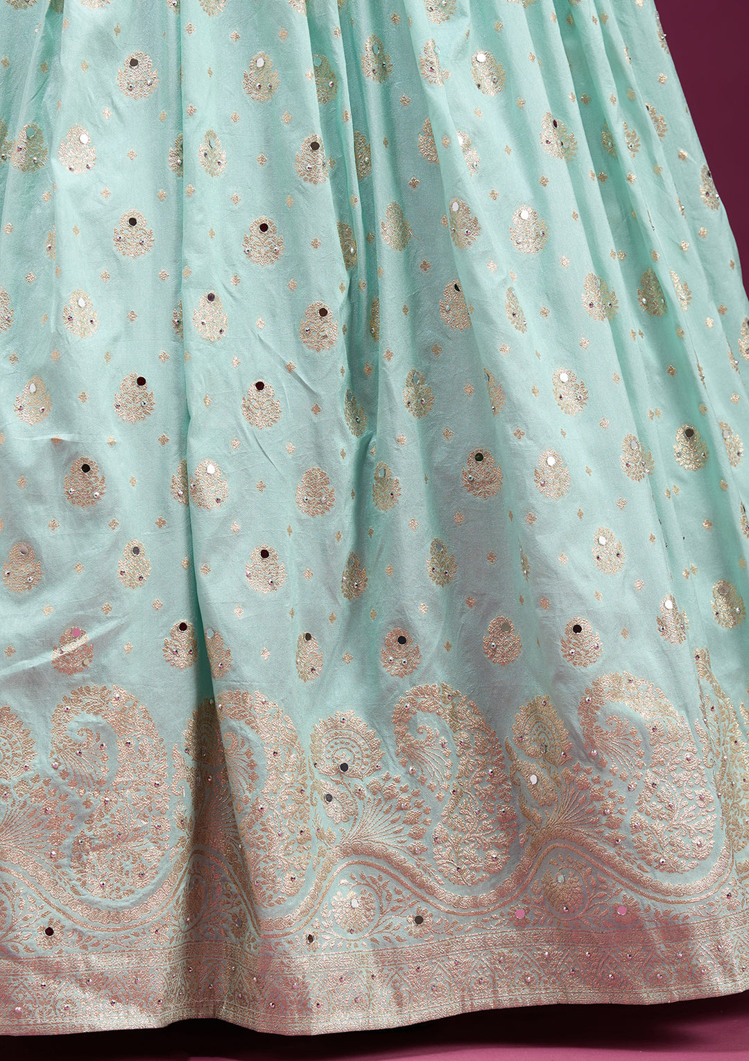 Sky Blue Mirrorwork Soft Raw Silk Readymade Lehenga