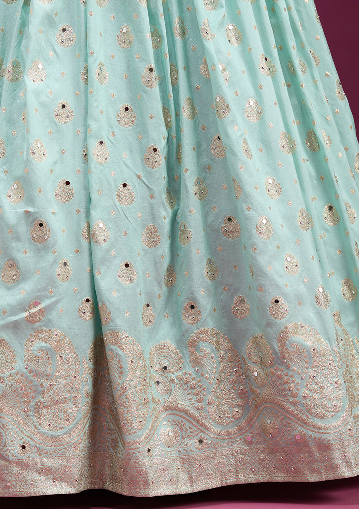 Sky Blue Mirrorwork Soft Raw Silk Readymade Lehenga