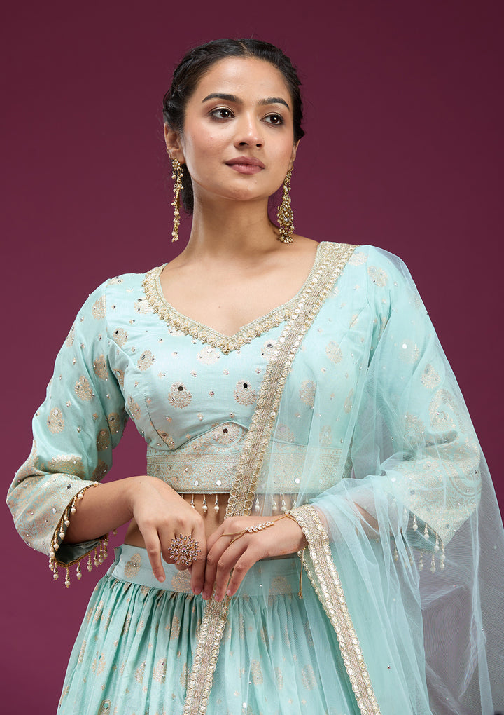 Sky Blue Mirrorwork Soft Raw Silk Readymade Lehenga