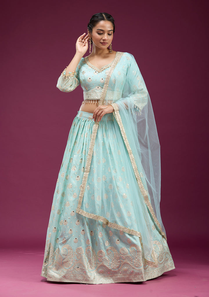 Sky Blue Mirrorwork Soft Raw Silk Readymade Lehenga
