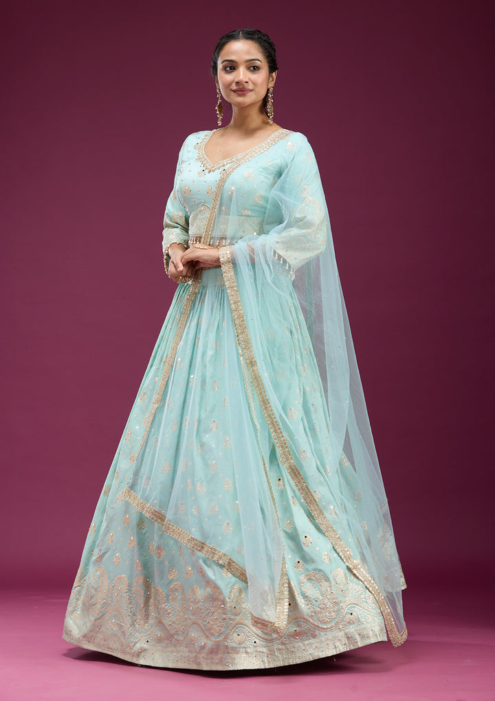 Sky Blue Mirrorwork Soft Raw Silk Readymade Lehenga