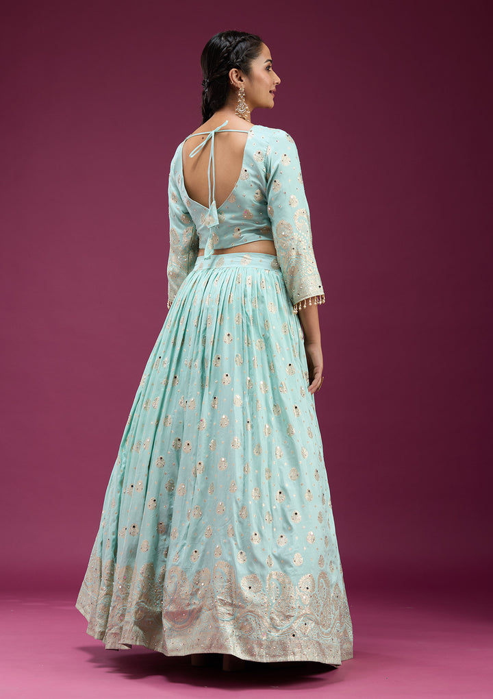 Sky Blue Mirrorwork Soft Raw Silk Readymade Lehenga