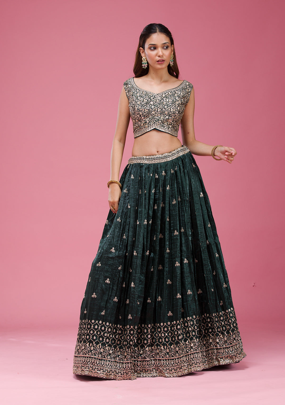 Bottle Green Sequins Tissue Readymade Lehenga