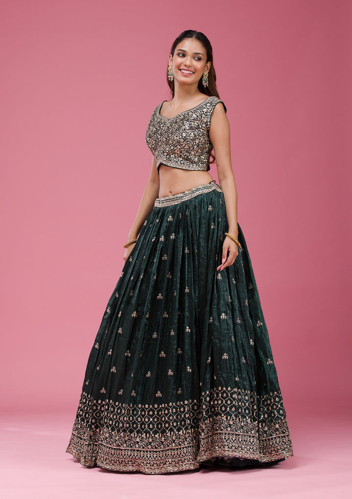 Bottle Green Sequins Tissue Readymade Lehenga