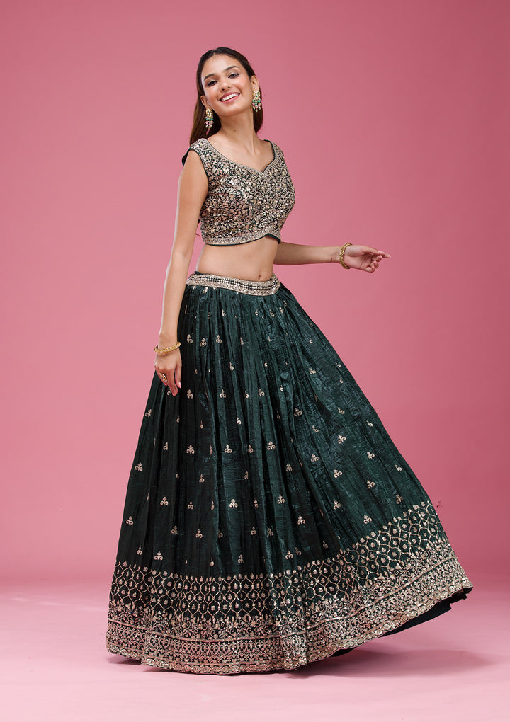 Bottle Green Sequins Tissue Readymade Lehenga