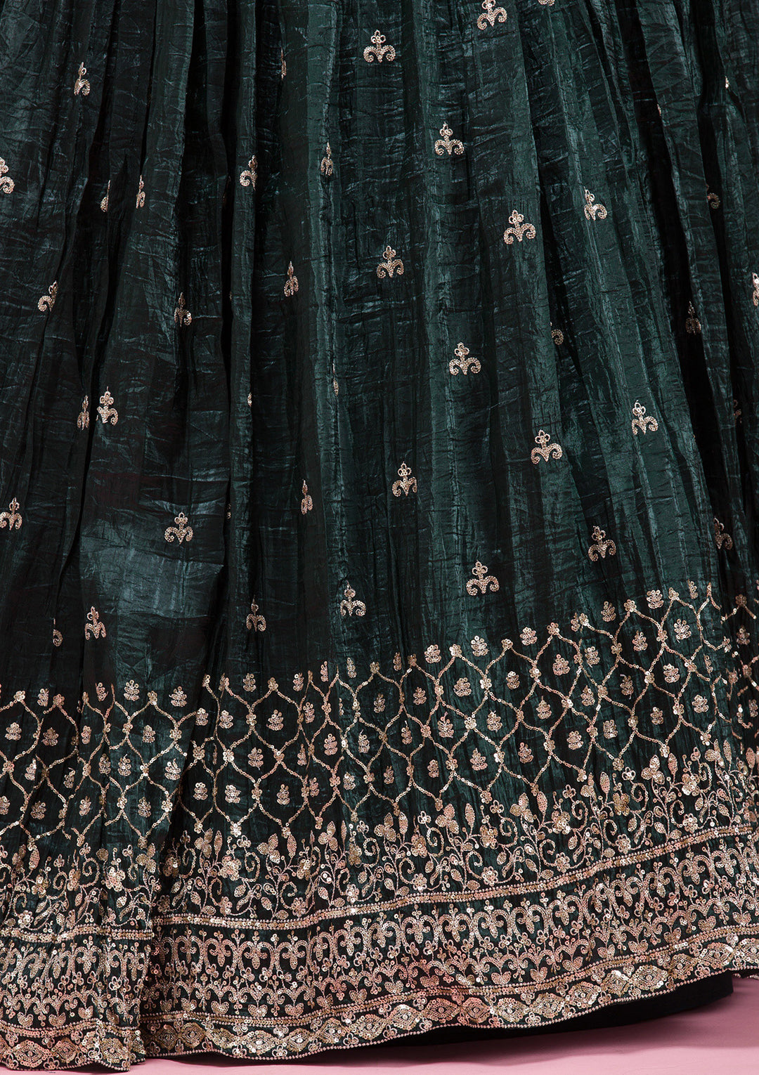 Bottle Green Sequins Tissue Readymade Lehenga