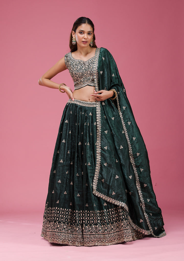 Bottle Green Sequins Tissue Readymade Lehenga
