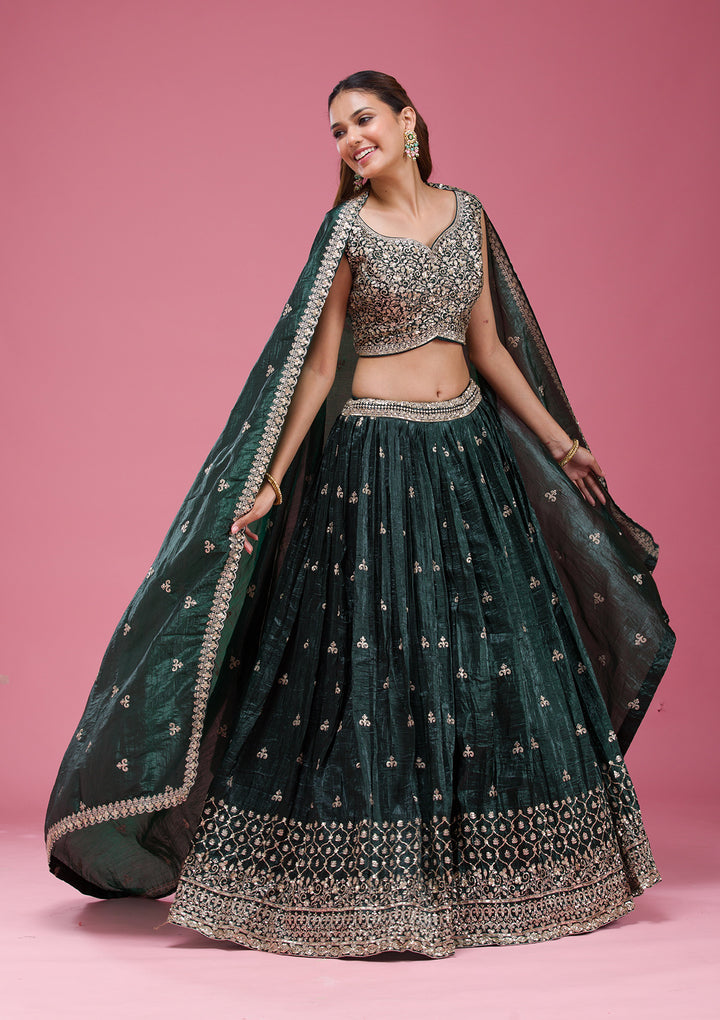 Bottle Green Sequins Tissue Readymade Lehenga