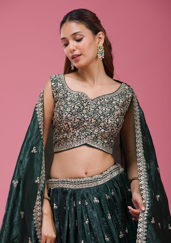 Bottle Green Sequins Tissue Readymade Lehenga