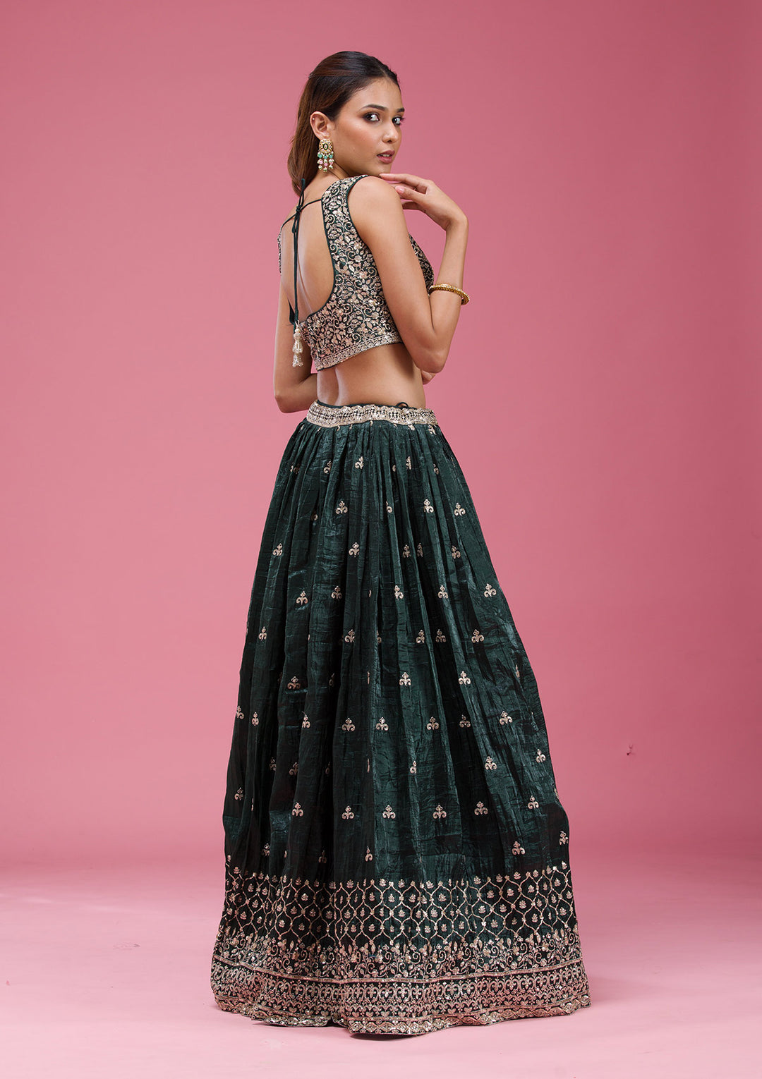 Bottle Green Sequins Tissue Readymade Lehenga