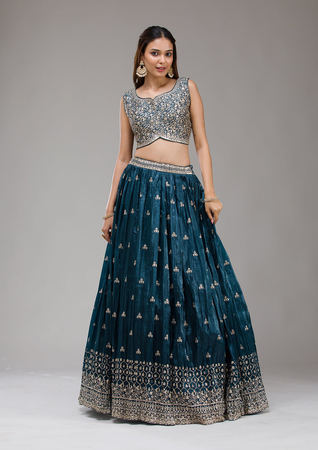 Peacock Blue Sequins Tissue Readymade Lehenga