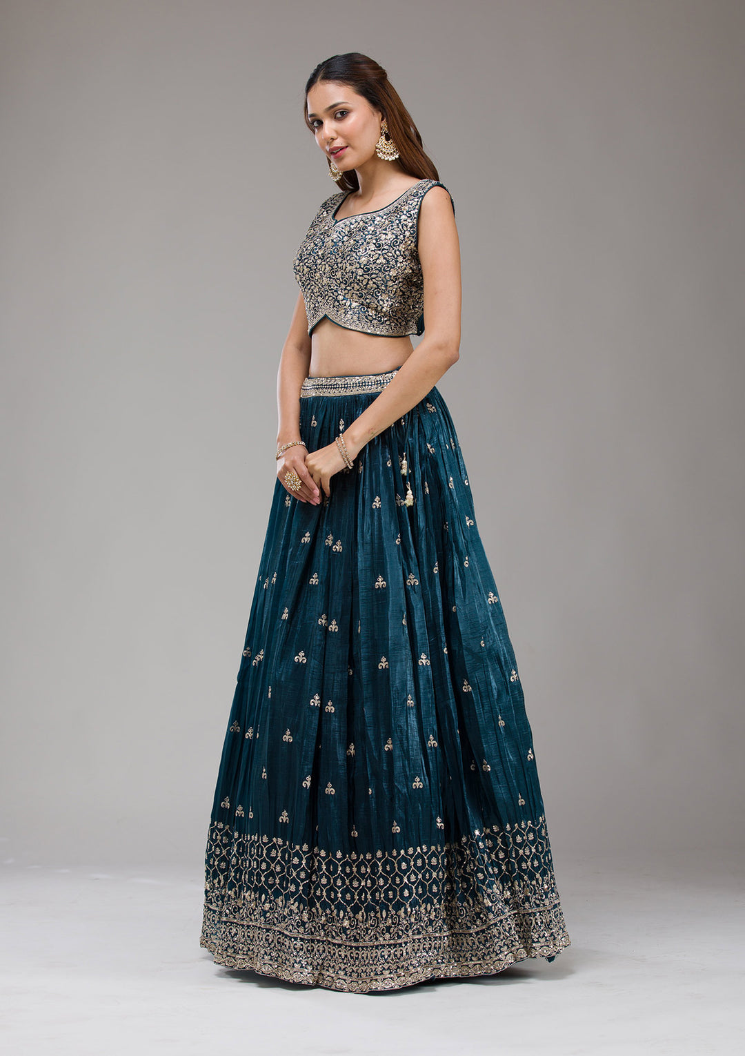 Peacock Blue Sequins Tissue Readymade Lehenga