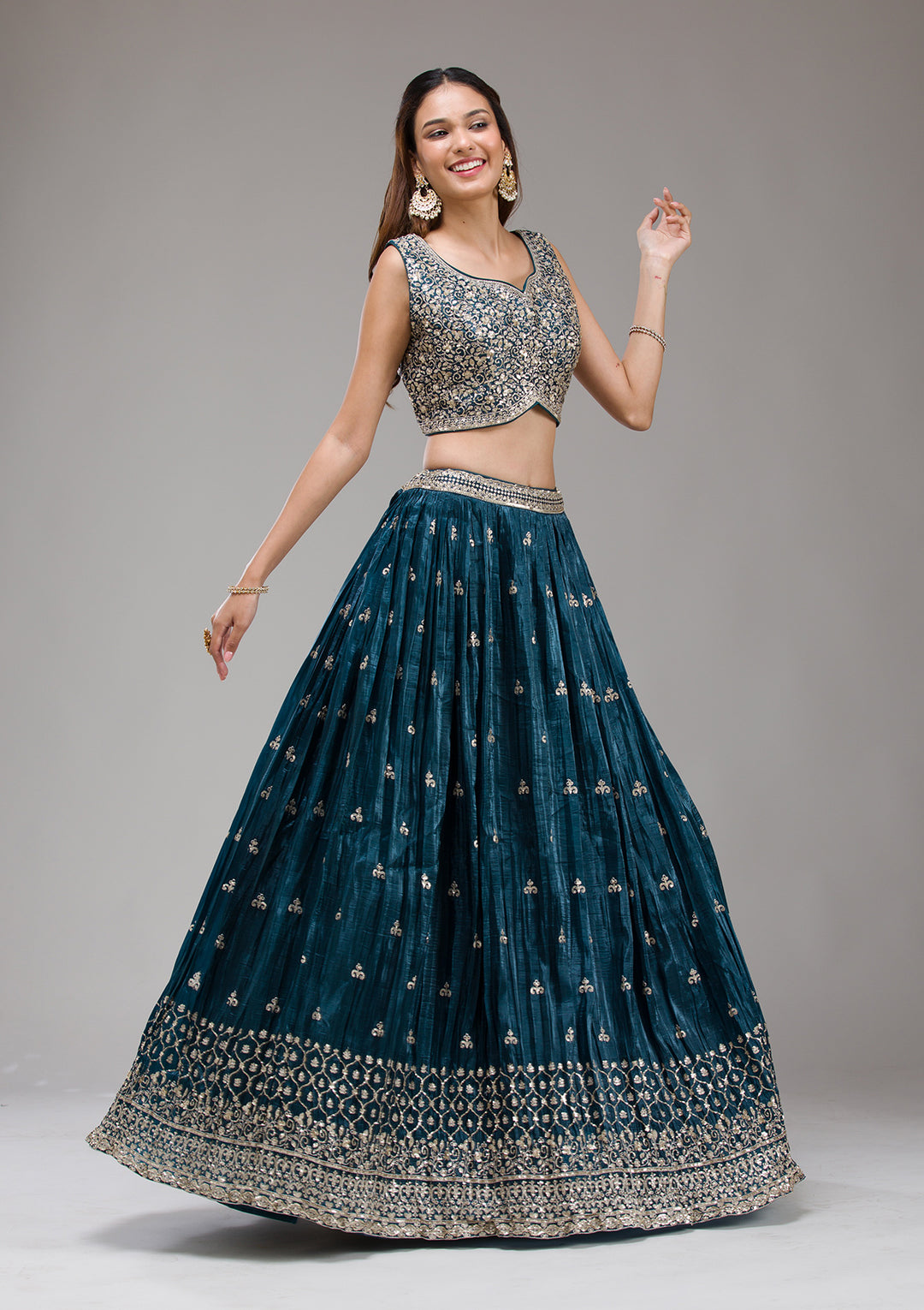 Peacock Blue Sequins Tissue Readymade Lehenga