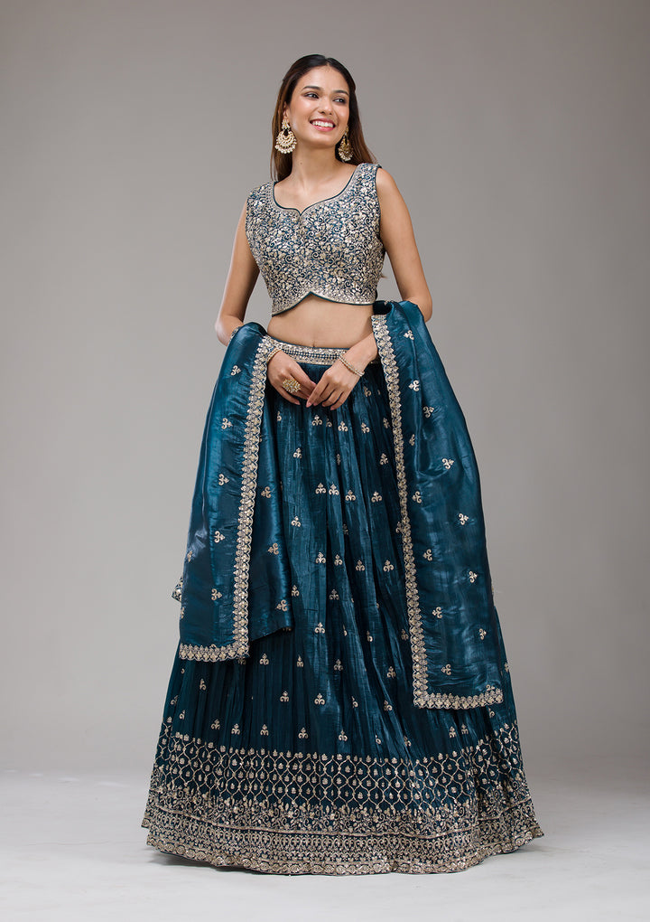 Peacock Blue Sequins Tissue Readymade Lehenga