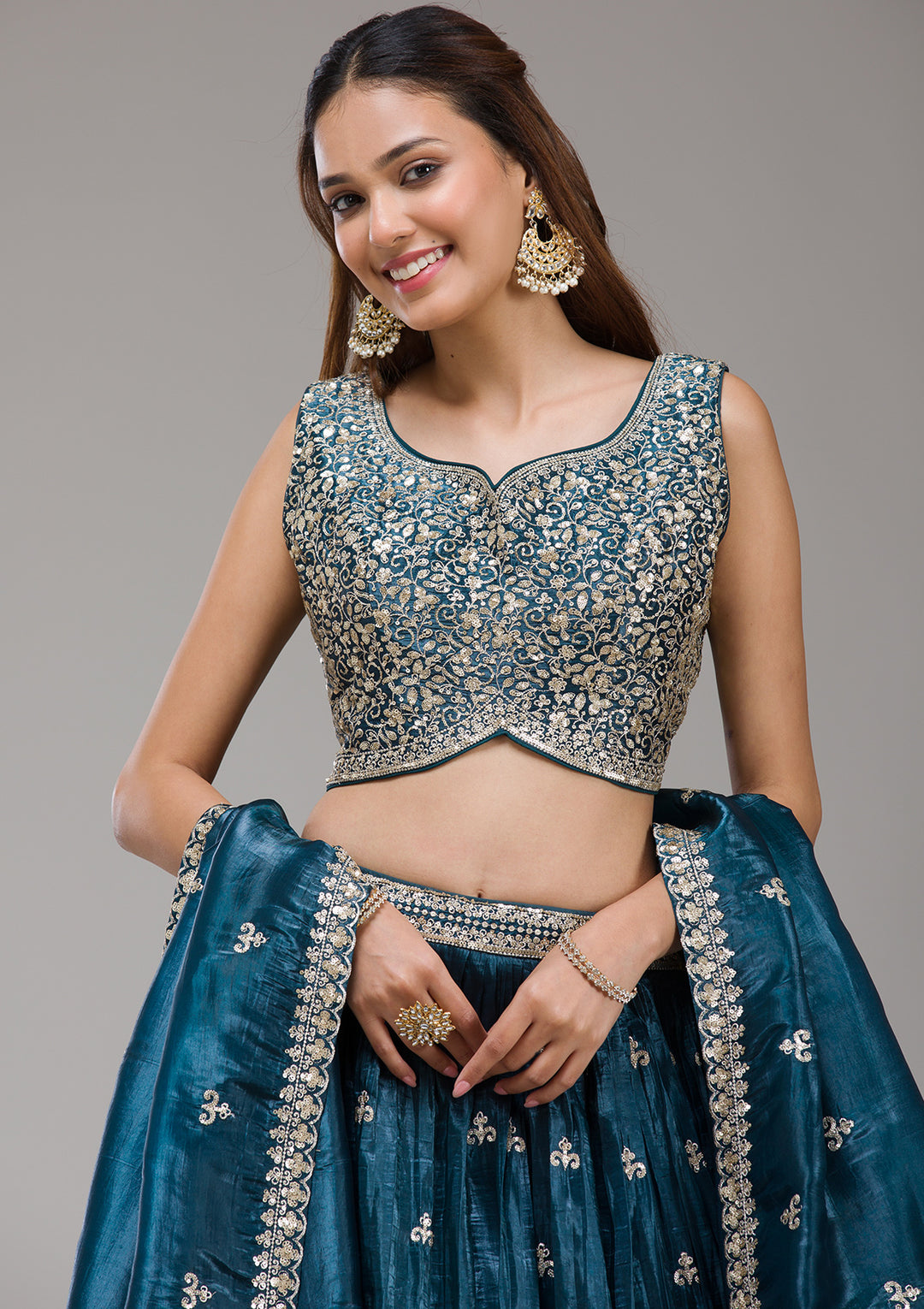 Peacock Blue Sequins Tissue Readymade Lehenga