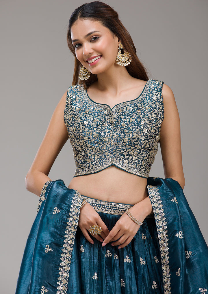 Peacock Blue Sequins Tissue Readymade Lehenga