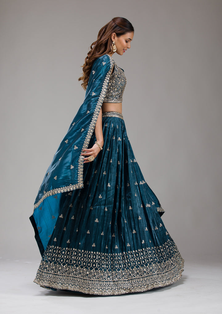 Peacock Blue Sequins Tissue Readymade Lehenga