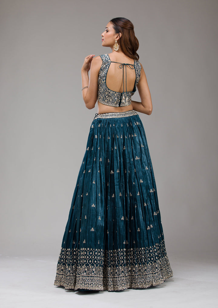 Peacock Blue Sequins Tissue Readymade Lehenga