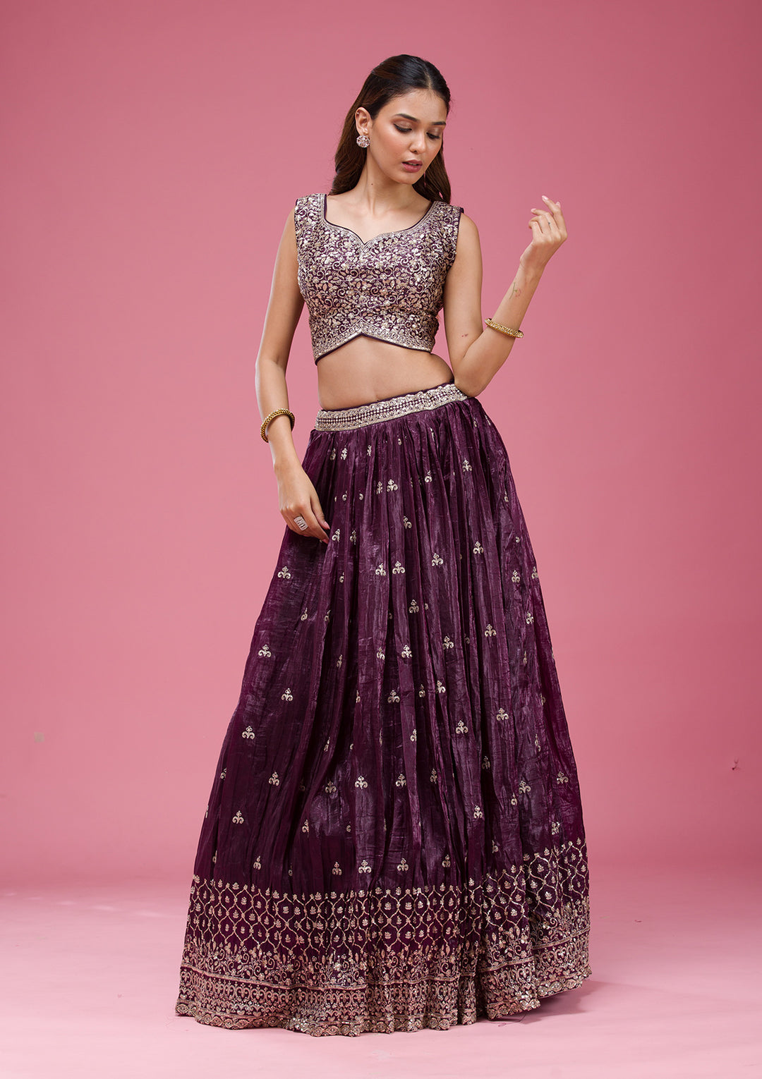 Wine Sequins Tissue Readymade Lehenga