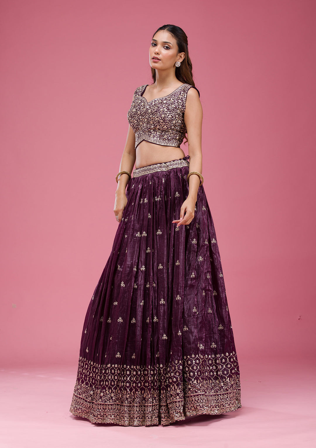 Wine Sequins Tissue Readymade Lehenga