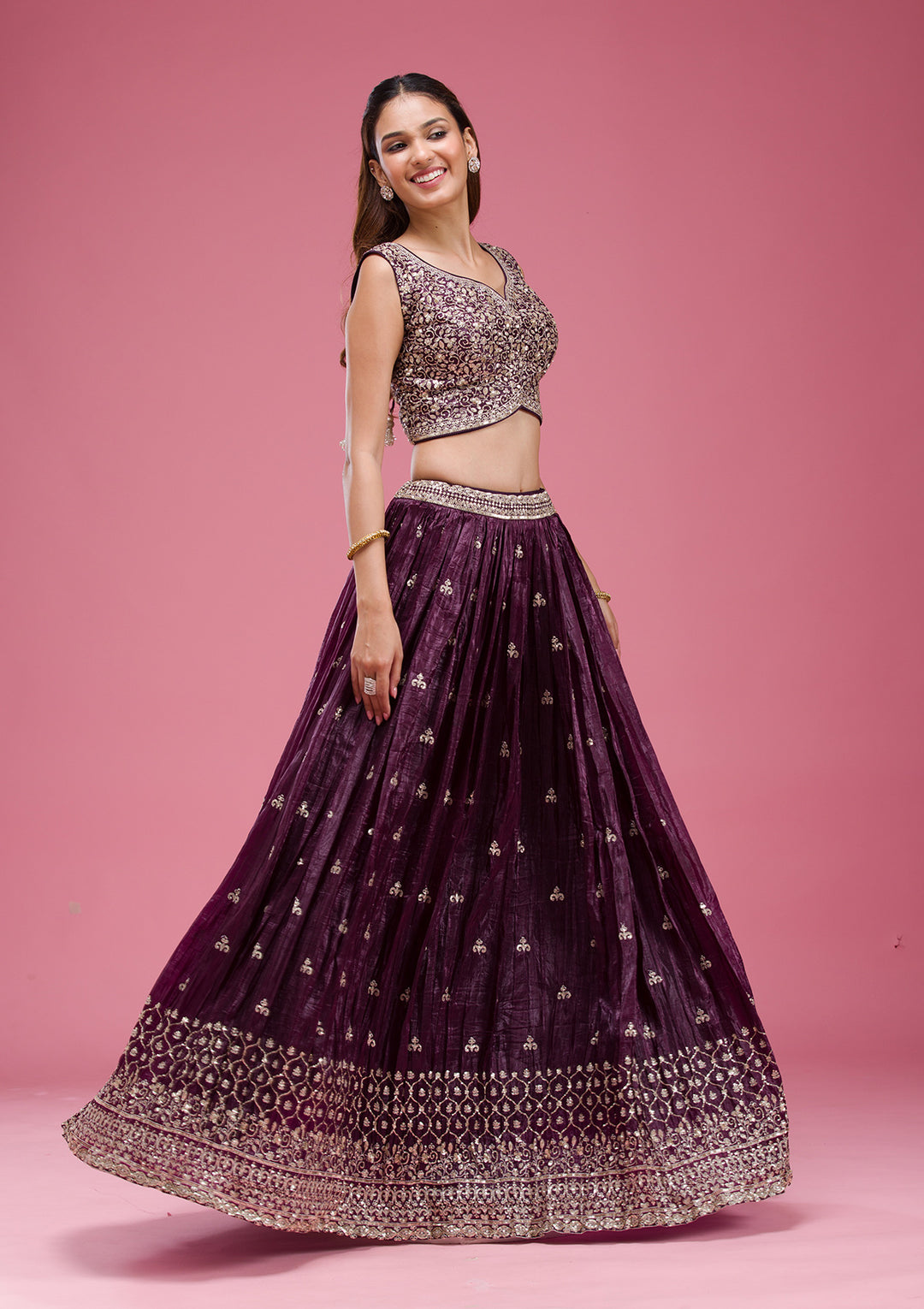 Wine Sequins Tissue Readymade Lehenga