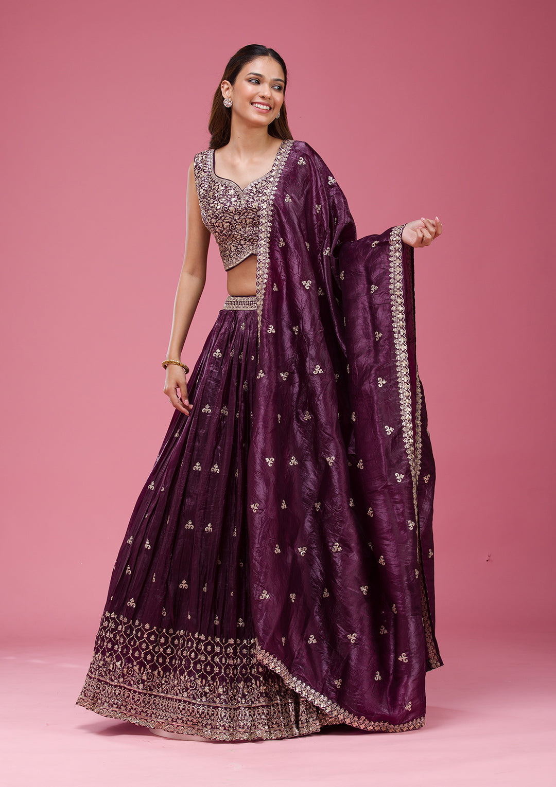 Wine Sequins Tissue Readymade Lehenga