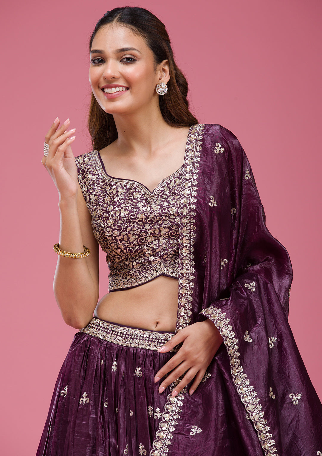 Wine Sequins Tissue Readymade Lehenga