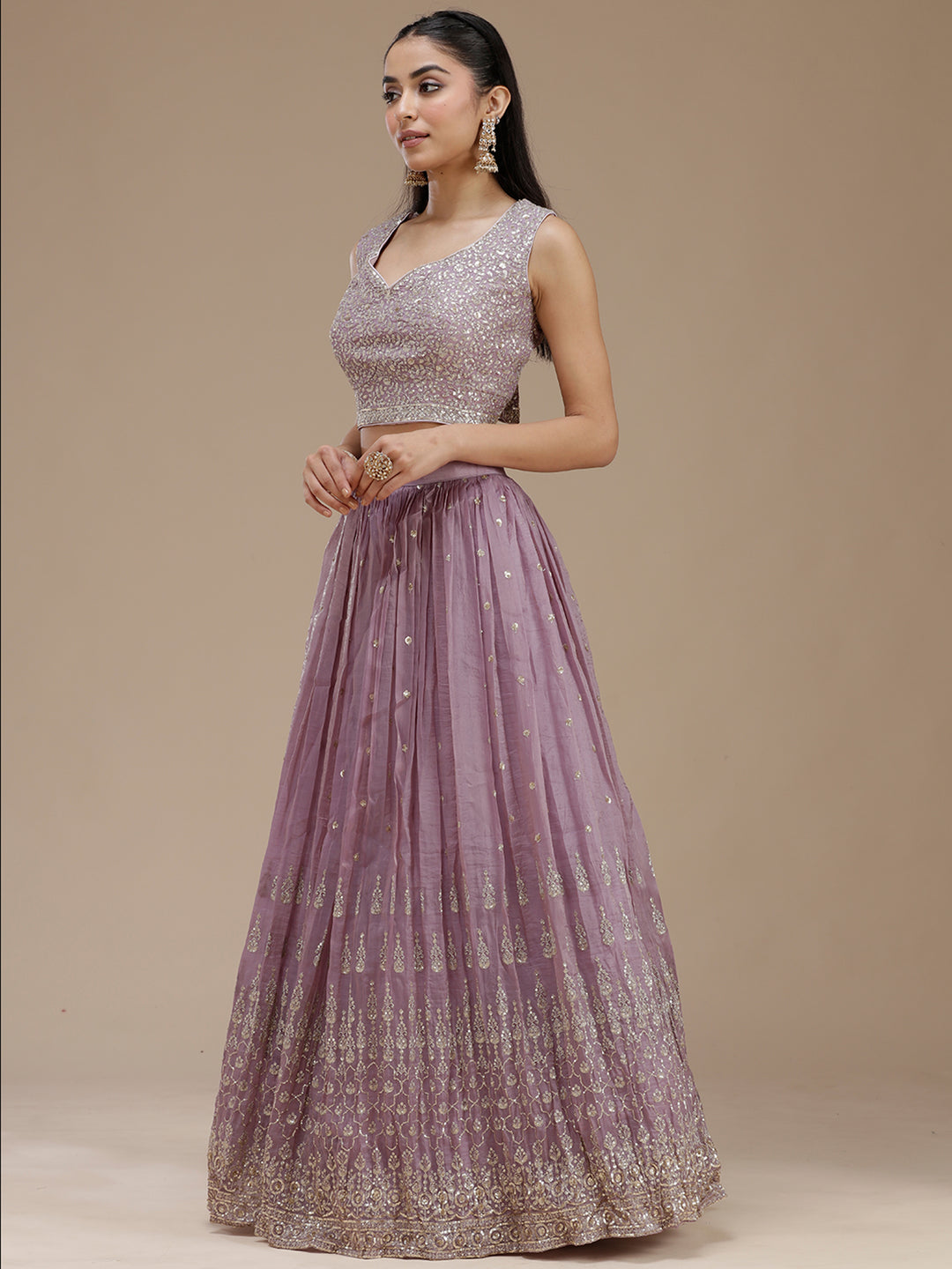 Lavender Zariwork (Gold) Tissue Readymade Lehenga