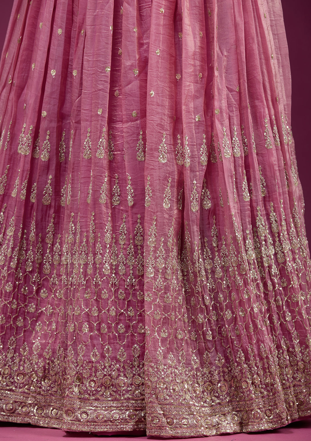 Onion Pink Sequins Organza Readymade Lehenga