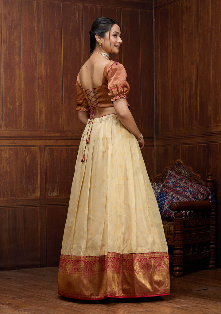 Beige  Banarasi Semi-stitched Lehenga