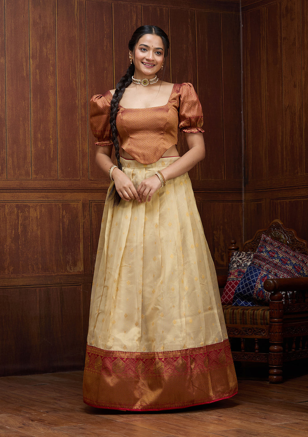 Beige  Banarasi Semi-stitched Lehenga
