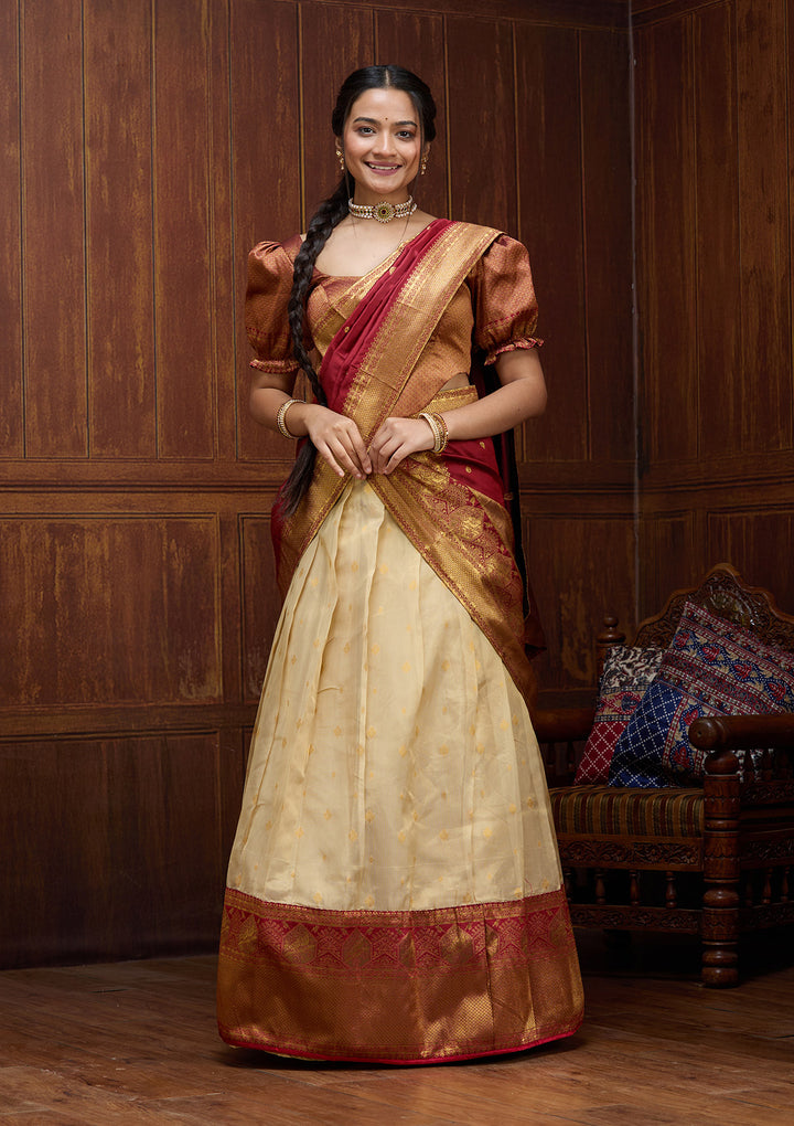 Beige  Banarasi Semi-stitched Lehenga