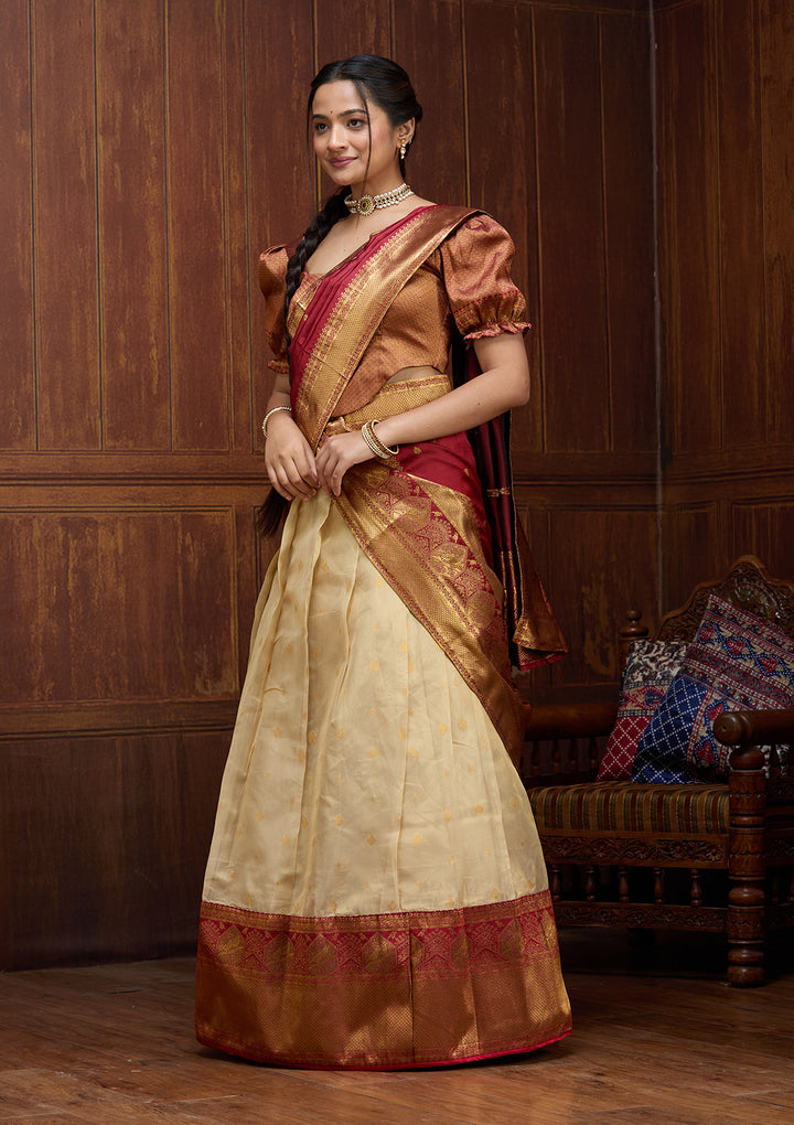 Beige  Banarasi Semi-stitched Lehenga