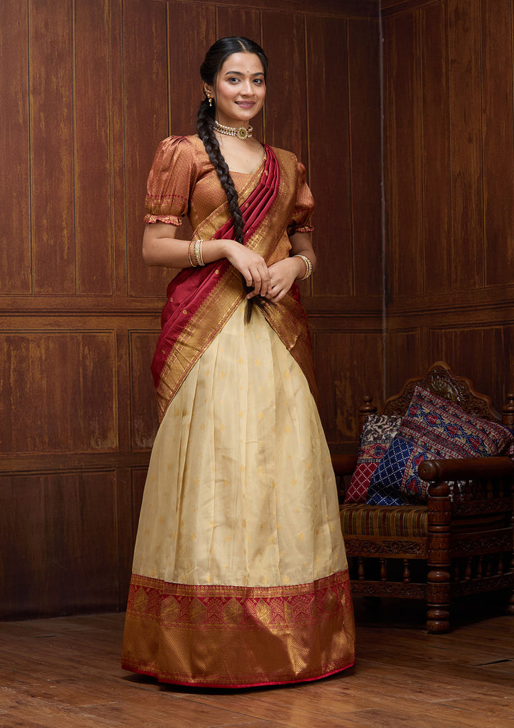 Beige  Banarasi Semi-stitched Lehenga