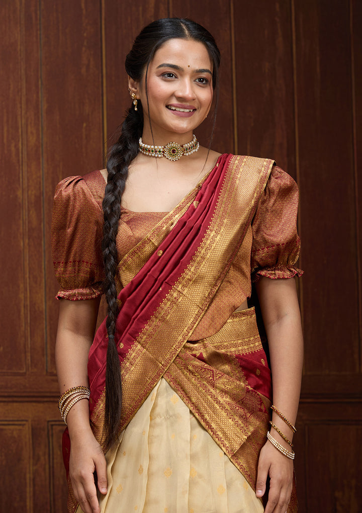 Beige  Banarasi Semi-stitched Lehenga