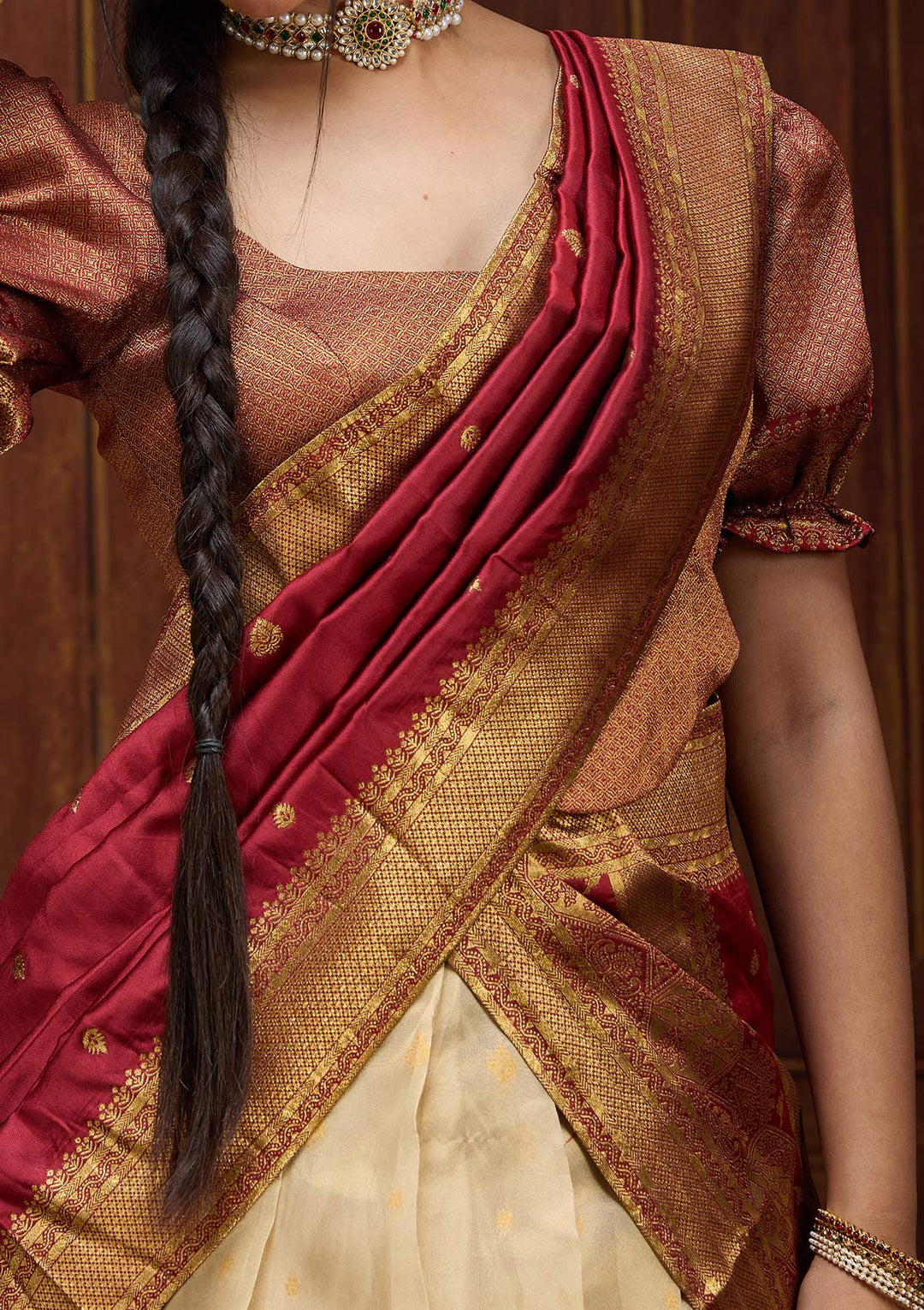 Beige  Banarasi Semi-stitched Lehenga