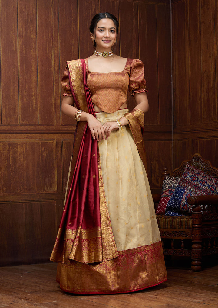 Beige  Banarasi Semi-stitched Lehenga