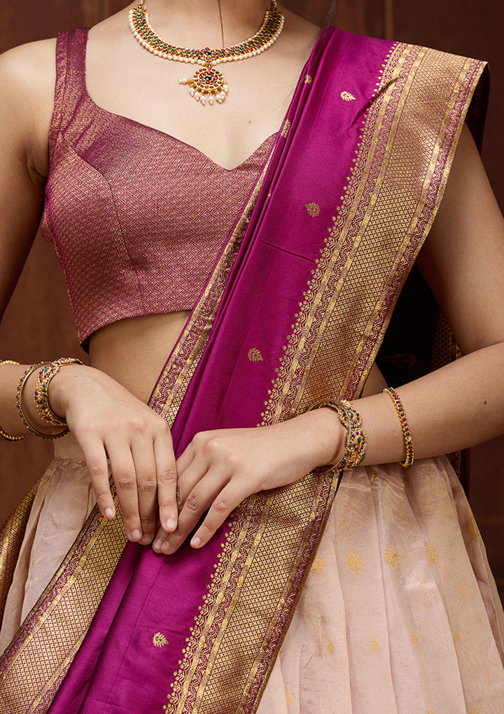 Pink  Banarasi Semi-Stitched Lehenga